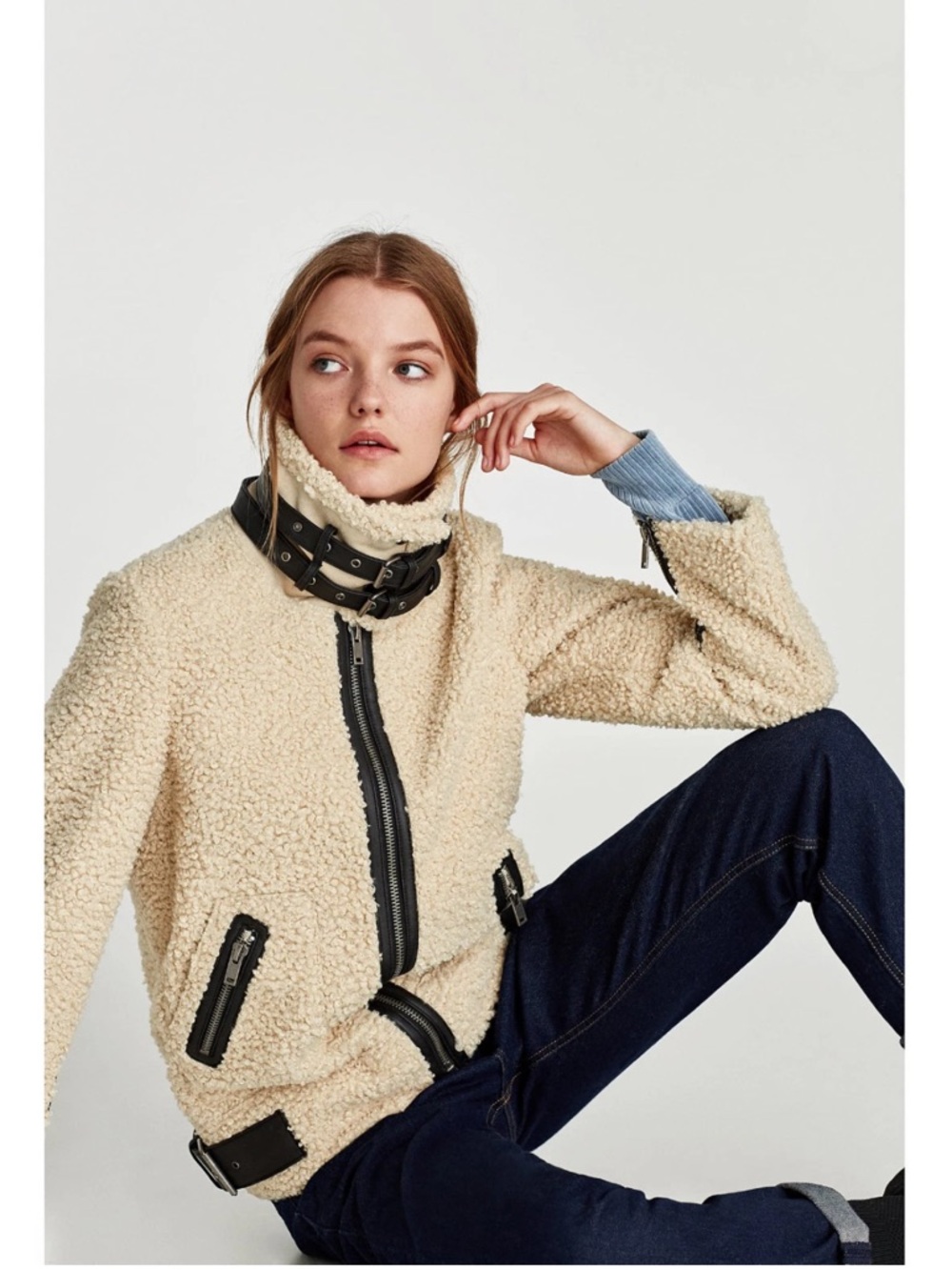 ZARA Shearling Faux Fur Teddy Aviator Moto Jacket Coat High Collar LIKE NEW - Picture 5 of 16